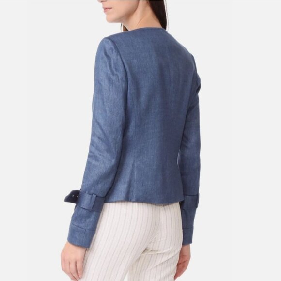 Veronica Beard Sienna Collarless Denim Moto Jacket 0 Linen Blend Jean Zip Up USA - Picture 2 of 15